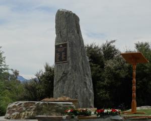 A wreath lies at the Anzac Memorial, at Hawea, in remembrance of Hawea Flat men John Alexander...