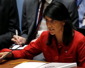 US Ambassador to the UN Nikki Haley at the Security Council meeting discussing the recent...