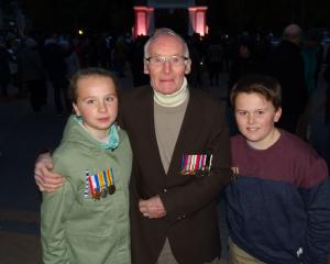 Duncan Robertson and great-grandchildren Charlotte (12) and Samuel Muir (11) after the dawn...