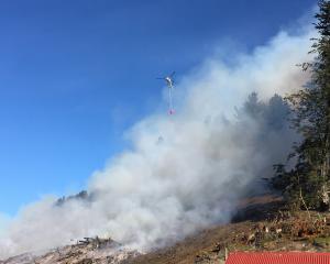 Helicopters carrying  monsoon buckets fight a large fire in an area of harvested forestry at...
