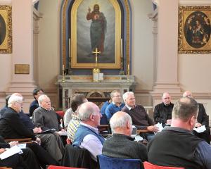 Priests from across Otago and Southland listen to Virginia Noonan, the director of the Catholic...