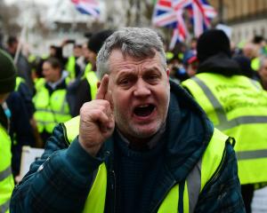Pro-Brexit demonstrators wearing yellow vests protest in Westminster, London, earlier this month....