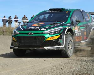 Otago Rally winner Hayden Paddon drives in special stage 11 yesterday morning. Paddon’s speed...
