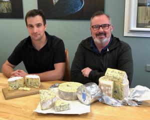 Chris Moran (left) and Simon Berry with their blue cheeses — Windsor, Shenley Station and Oamaru...