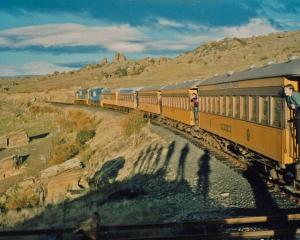 Last train as the shadows grow long, Manuherikia Valley, 29 4 1990. PHOTO: PAUL JEFFERY