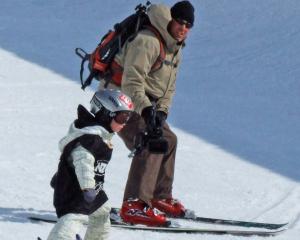 Gustav Legnavsky as a 2-year-old skis with his father, Peter, at Cardrona. Photo: ODT files