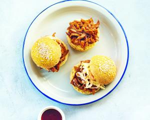 Pulled pork sandwich with cabbage-apple slaw. This dish comes originally from the American South,...