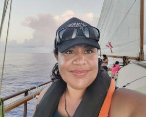 Faumuina Felolini Maria Tafuna’i sailing on  waka Fa’afaite from Tahiti to Rarotonga as part of...