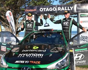 Otago Rally overall winner Hayden Paddon, of Cromwell, and co-driver John Kennard, of Blenheim,...