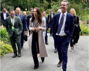 Jacinda Ardern with California Governor Gavin Newsom (front right) in the New Zealand section of...