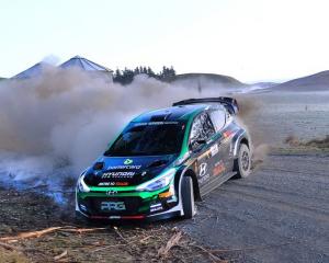 Hayden Paddon celebrates in his Hyundai. PHOTO: New Zealand Rally Championship