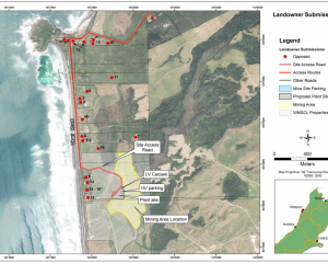 Map of the proposed mine site at Okari with opposing landowners marked in red. Overall 109...