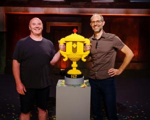 Lego Masters New Zealand winners (from left) Glenn Knight and Jake Roos with the coveted trophy.