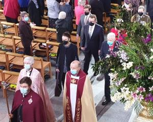 Prime Minister Jacinda Ardern leaves the cathedral after attending the service to honour the...