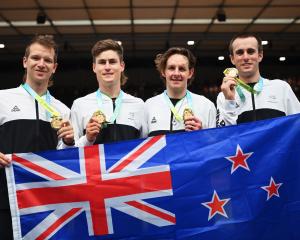 The Kiwi men's pursuit team celebrate winning gold. Photo: Getty Images