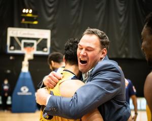 Otago Nuggets coach Brent Matehaere celebrates his team’s victory. PHOTO: BASKETBALL NZ