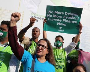 Activists hold banners as they demonstrate at the Sharm El Sheikh International Convention Centre...