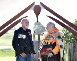 John Paterson (left), wearing his father Rawi Paterson’s military medals, and Puketeraki upoko...