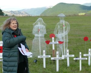 Beaumont resident Vicki Hills leads the town’s Anzac Day ceremony yesterday morning, in its...