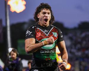 Dallin Watene-Zelezniak of the Warriors celebrates his try. Photo: Getty Images