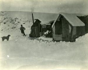 My grandparents’ "tent" in the snow during their winter rabbiting activities near Matakanui....