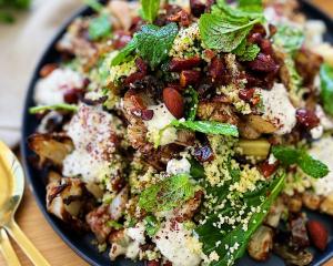 Za’atar roasted cauliflower and couscous salad with dates, almonds and sumac yoghurt. PHOTOS:...