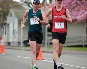 Racewalker Jonah Cropp (right), competing at the New Zealand road running championships in...