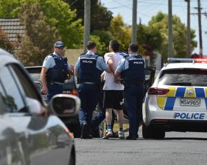 Police take a man into custody after the incident in Mitchell Ave. Photo: Gregor Richardson
