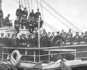 The assembled officers and crew of Terra Nova as it left Dunedin. PHOTO: OTAGO WITNESS