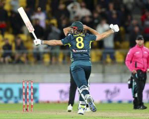 Mitch Marsh celebrates after Tim David hit the winning runs off the final ball of the T20I...