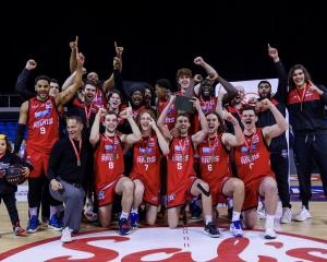 The Canterbury Rams celebrate winning the 2023 National Basketball League title. Photo: supplied