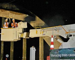 Crews work on separate hydraulic platforms during recent maintenance work on Balclutha bridge....