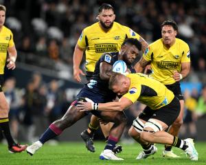 Timoci Tavatavanawai of the Highlanders charges forward during the Super Rugby Pacific match...