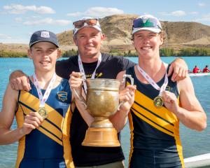 All smiles are Wakatipu High School’s Harry Lightfoot (left) and Sebastian Watson with coach John...