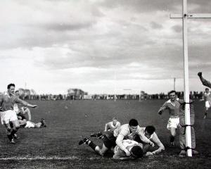 Bill Pile scores the match winning try as North Otago beat the Wallabies 14-13 at the Oamaru...