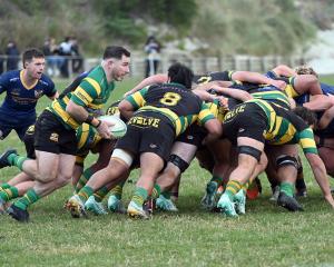 Action from the Dunedin v Green Island match at Kettle Park. Photo: Linda Robertson