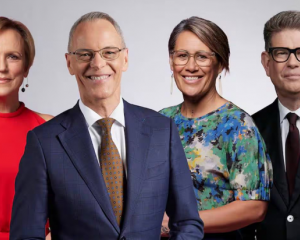 From left: Hilary Barry, Simon Dallow, Jenny May Coffin and John Campbell. Photo / TVNZ
