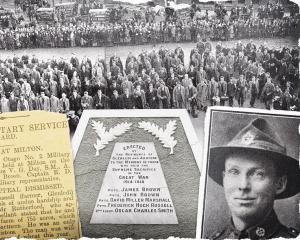 (Clockwise from top) The 32nd reinforcements wait outside Dunedin Railway Station as city mayor J...