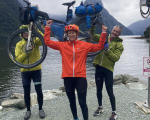 Celebrating completing the Sound to Sound bike event from Marlborough to Milford Sound are (from...