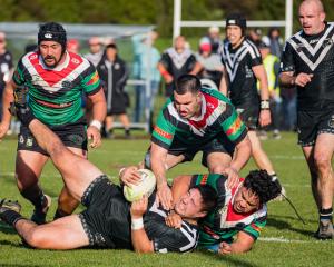 Hornby Panthers captain Devaun Thompson is tackled during the 2021 grand final against Linwood....