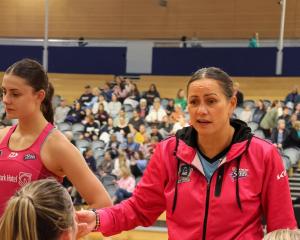 Southern Steel head coach Reinga Bloxham talks to her team during the Southern Showdown in...