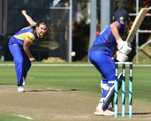 Otago’s Emma Black bowls to Auckland’s Izzy Gaze at the University Oval earlier this season....