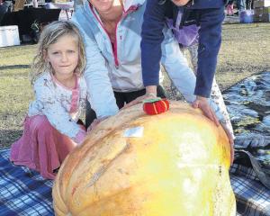 Lisa Jordan, Bailee Haughton, 5, and her sister Mila, 7, with the giant pumpkin they grew. PHOTO:...