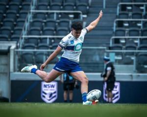 Kairus Booth, a One NZ Future Warriors rugby league player from Balclutha, kicks the ball during...