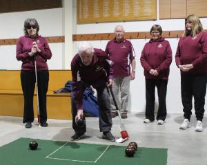 Southland Blind and Low Vision Bowls players (from left) Sandra Mayhew, Ian Blackler, Reg Menlove...