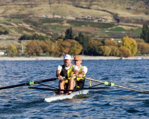 Wānaka Rowing Club members Tristan Hughs (left) and Shane Gibson compete in the South Island...
