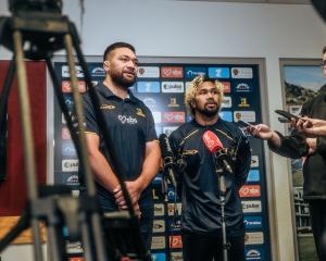 Highlanders Saula Ma’u (left) and Folau Fakatava talk about the first Super Rugby game in Tonga....