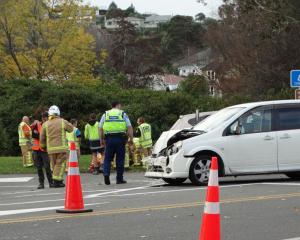 Emergency services at the scene in Oamaru this afternoon. Photo: Nic Duff