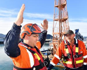 ort Otago Takutai dredge operators John Laughton and Leon Snoeck back on terra firma yesterday,...
