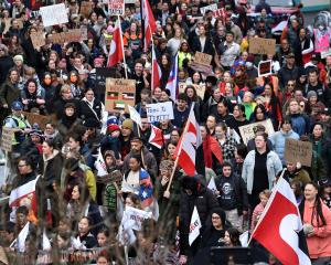 Protesters marching to the Octagon for the Budget Day hīkoi in Dunedin yesterday. PHOTO: PETER...